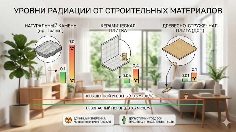 Инфографика: уровень радиации от натурального камня, керамогранита и ЛДСП с безопасными нормами